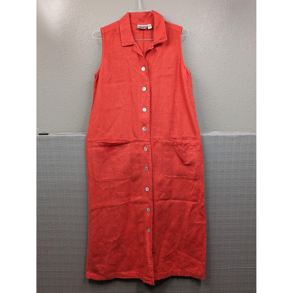 Vintage Chico's Design Shirt Dress Womens 1 Red Linen Sleeveless Button Midi